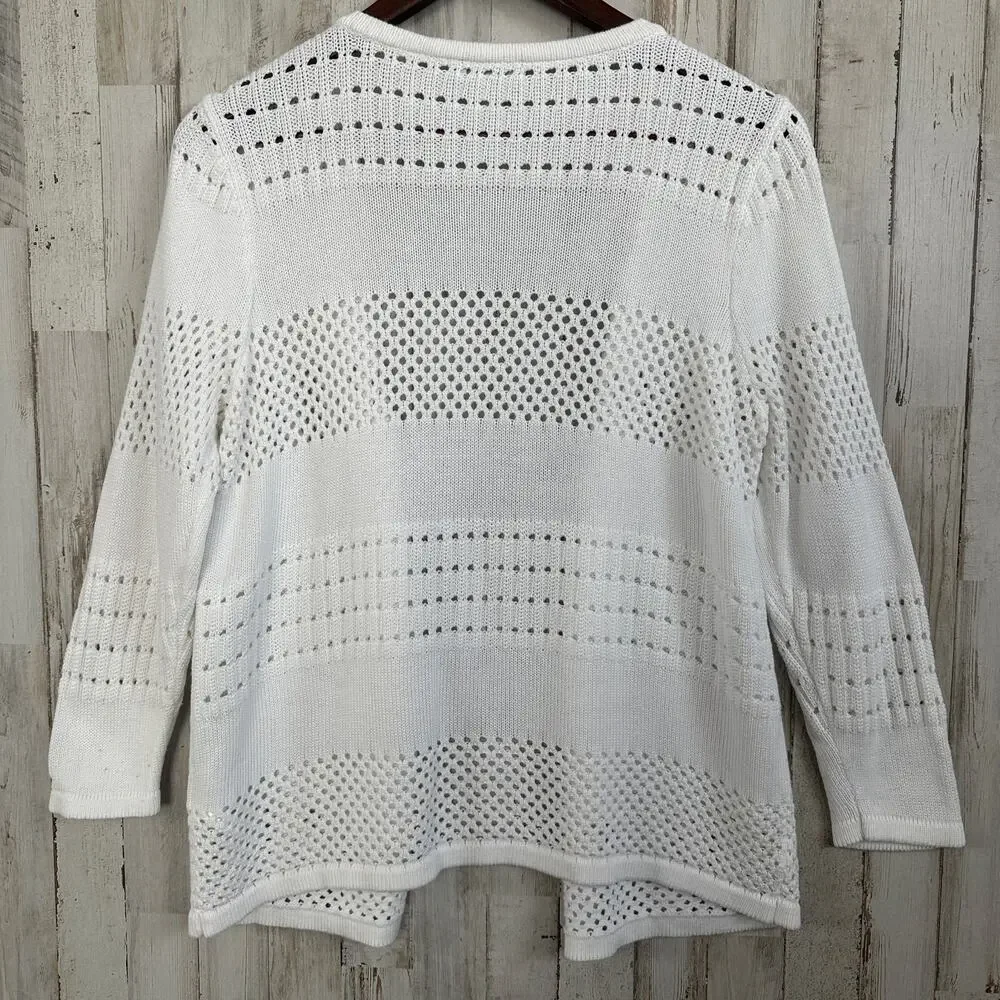 Open Crochet Kimono Cardigan Sweater White Medium Coastal Boho Cottagecore EUC